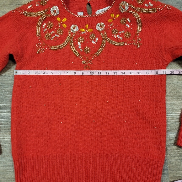 Vintage Angora Silk Blend Sweater Red Holiday Beaded Karen Scott Size Medium - Picture 6 of 15